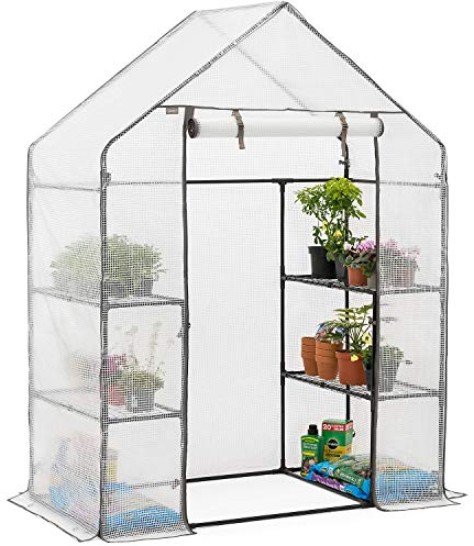 Christow Walk In Greenhouse With Shelves, Large Reinforced Green House With Tubular Steel Frame, 4 Shelf Heavy Duty Growhouse, 6ft 4in x 4ft 7in x 2ft 4in