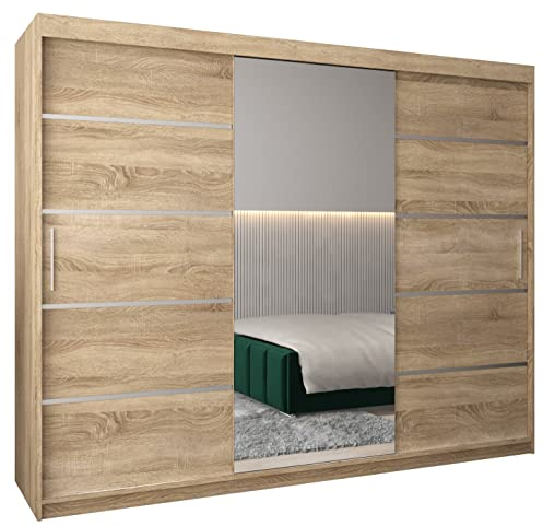 MEBLE KRYSPOL Kleiderschrank mit Spiegel Verona 2 - Garderobenschrank - Schrank Schlafzimmer - Mehrzweckschrank DREI Schiebetüren - Regalen - Flur Möbel - Kleiderstange Schrank - Allzweckschrank