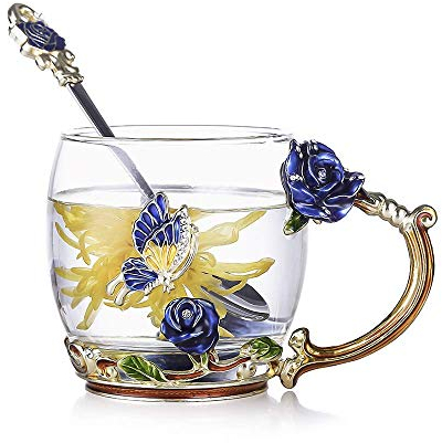 evecase Enamels Butterfly Flower Tea Cup/Coffee Mug with Spoon Set, Gifts for Women Wife Mum Teacher Friends Valentines Christmas Birthday Mothers Day Gifts