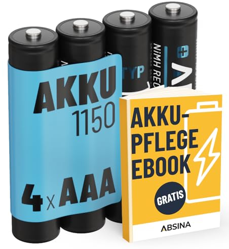 ABSINA 4X Pilas Recargables AAA 1150 NiMH - Pilas AAA 1,2V & al Menos 1050 mAh - Baterías Recargables AAA para Dispositivos de Alto Consumo - Pila AAA Recargable para teléfonos - Pila Recargable AAA