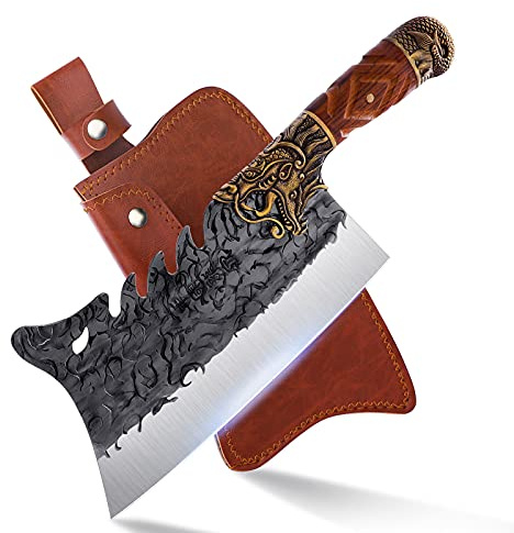 ROCOCO Cleaver Knife Meat Cutting Heavy Duty Bone Butcher Chopper Large Hand Forged Chinese Dragon Viking Cutter for Kitchen Outdoor with Sheath Birthday Father Mother Christmas Gift Men 8.6