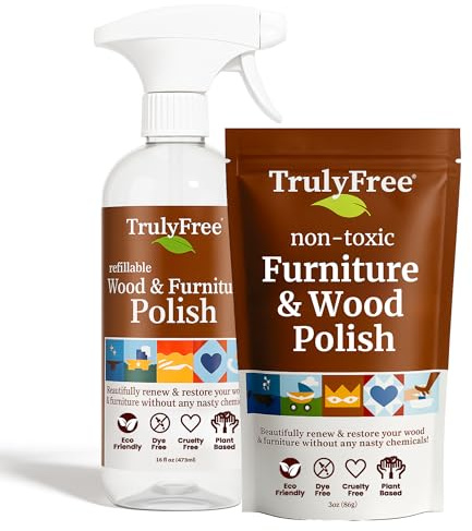 Truly Free Natural Wood Cleaner & Furniture Polish - Leather Cleaner, Vinyl, Furniture & Wood Polish, Helps Remove Water Stain, Unscented - Includes: 1 Refillable Empty 12oz Bottle & 1 Refill(3 fl oz)
