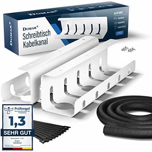 Domar - Kabelkanal Schreibtisch weiß [2 Stück] I Kabelmanagement Schreibtisch Komplettset I Schreibtisch Kabelrinnen inkl. Zubehör I Kabelschacht Kabelwanne