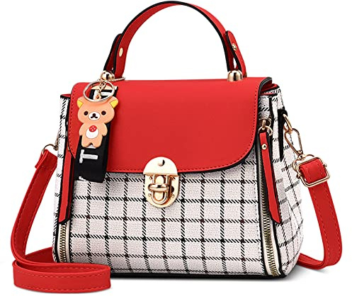 DORRISO Sac à Main Femmes Petit Mignonne Bandoulière Sac Mode Treillis Crossbody Bag Travailler Voyage Décontracté Quotidien Fille Cuir PU Sacs à Rabat Rouge