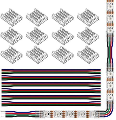SEZO Kit de Cnectores de Cinta LED Conector de Esquina LED 12piezas SMD 4pines 10mm Transparente Inalámbrico Sin Costura Board to Wire Connectors + 6 Cables de Extensión 22AWG de 15cm de Largo