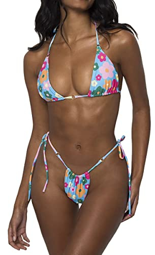 LUNNTE Damen Halfter String Bikini Set Sexy Tanga Frech Zweiteilige Badeanzüge Einfarbige Badebekleidung (Blau Blume, S)
