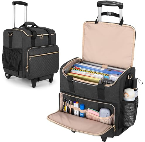 LUXJA Rolling Teacher Bag with Laptop Compartment and Detachable Dolly, Multifunctional Rolling Teacher Tote Bag (Patent Pending), Black