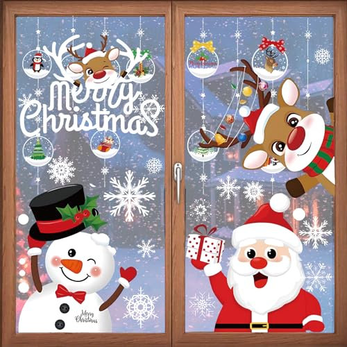 Christmas Window Stickers, 10 Sheets 207 PCS Double Side Printed Christmas Window Stickers Decorations, Merry Christmas Window Clings Santa Claus Reindeer Decals for Christmas Party Supplies