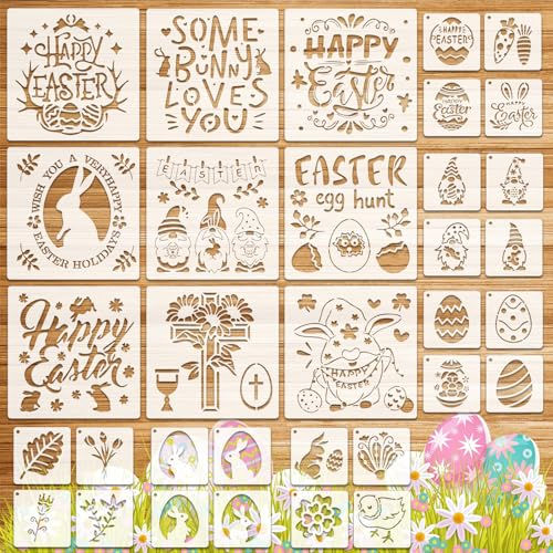 OOTSR 33 Stk Oster-Schablonen, Zeichnung Malschablonen DIY Schablonen der Kaninchen Ei, Vorlagen für Scrapbooking Holz Möbel Leinwand Feiertags-Dekoration