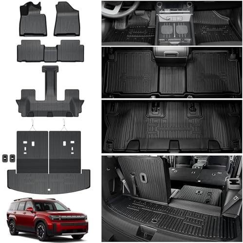 HOUCLEMIC Floor Mats for Hyundai Santa Fe 2024-2026 (Fit Hybrid and Gas), TPE All Weather Protection Durable Trunk Cargo Mat with Backrest Mat for Hyundai Santa Fe
