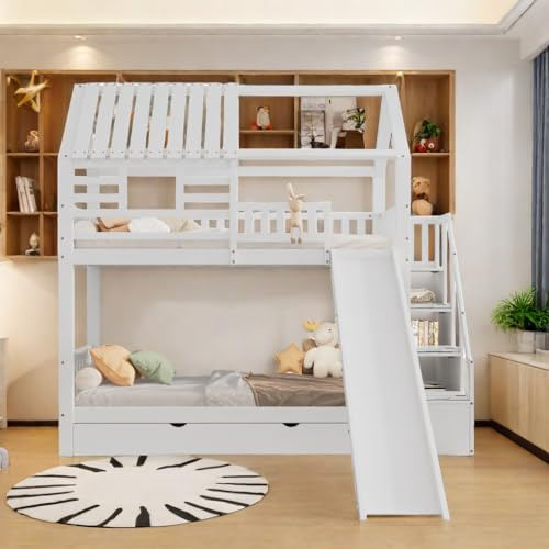 Sapgaks Lit cabane Enfants 90x200 Lit superposé Enfant lit Double lit Simple avec escalier et Toboggan, avec Espace de Rangement, lit d'enfant avec fenêtre et Toit, avec barrière de Protection, Blanc