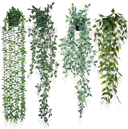 JIZZU 4 Stück Künstliche Hängepflanzen mit Töpfen, 80cm Lang Gefälschte Efeu Künstlich Pflanze Kunstpflanzen wie Echt, Wartungsfreie Plastikpflanzen für Indoor Outdoor Garten Wanddekoration