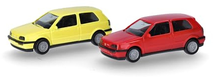 Herpa Modellbausatz Volkswagen(VW) Golf III VR6 2türig, 2er-Set, Miniatur im Maßstab 1:87, Sammlerstück, Kit für Modellbau, Kunststoff, Farbe: flashrot/schwefelgelb