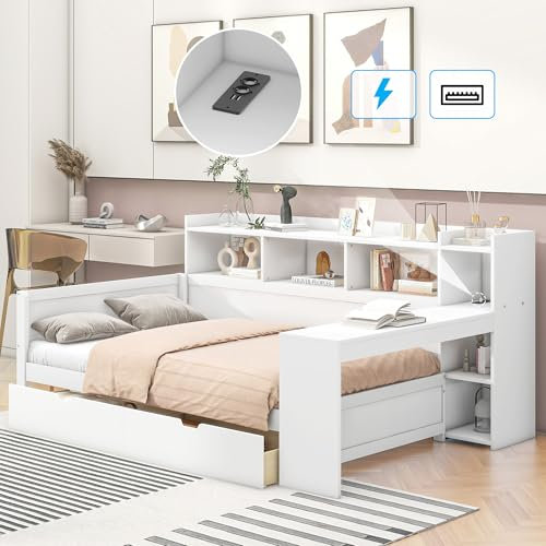 KecDuey Cama individual, cama de madera de 90 x 200 cm, cama de día, mesita de noche y estante inferior, cama con enchufe y puerto USB, 2 cajones, escritorio, sin colchón, tablero de partículas