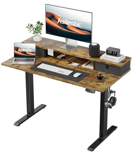 Agilestic Electric Adjustable Height Desk, with 2 Fabric Drawers, 100x60cm | 72-116cm Height, Stable Sit-Stand Standing Desk w. 2 Memory Buttons, Computer Desk for Home Office, 2 pcs Desktops, Brown