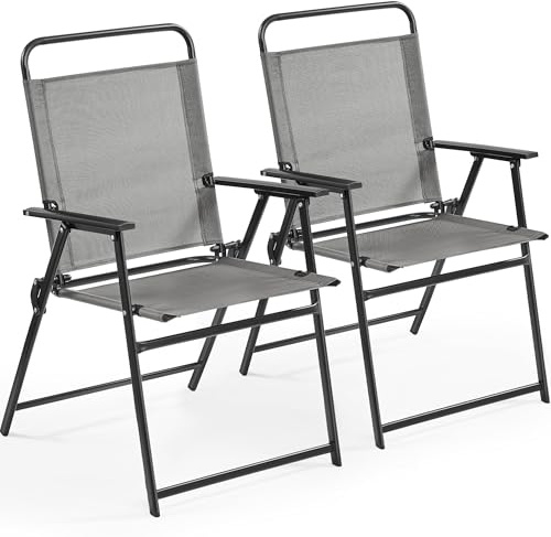 Yaheetech Outdoor Folding Dining Chairs Set of 2 with Armrests, Grey | All-weather Patio Garden Chairs | 550g Texteline, Steel | Foldable Space-Saving Storage | For Garden, Lawn, Porch, Backyard