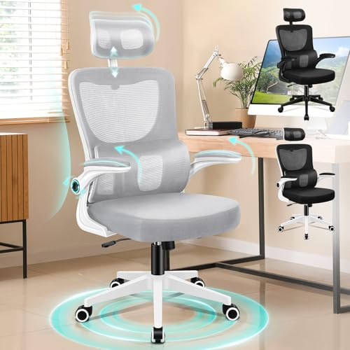 ALFORDSON Sedia da Ufficio Scrivania Ergonomica Lombare in Rete Traspirante, Con Braccioli Pieghevoli, Poggiatesta Regolabile Altezza Regolabile Funzione Oscillante Girevole con Ruote(Bianca e grigia)