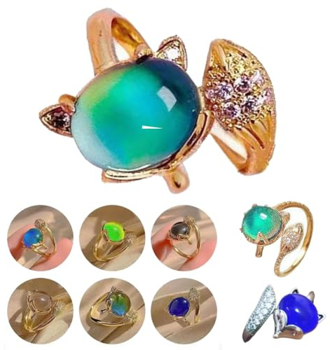 Carykon 2 anillos de estado de ánimo ajustables estilo zorro para mujer, 1 anillo de oro + 1 anillo de plata