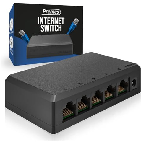 Innovaland Negro de 5 Puertos Gigabit Ethernet Switch – 1000 Mbps Internet LAN Splitter – Plug & Play RJ45 UTP Network Switch – Compacto de Alta Velocidad Ethernet Splitter para PC, ordenador portátil