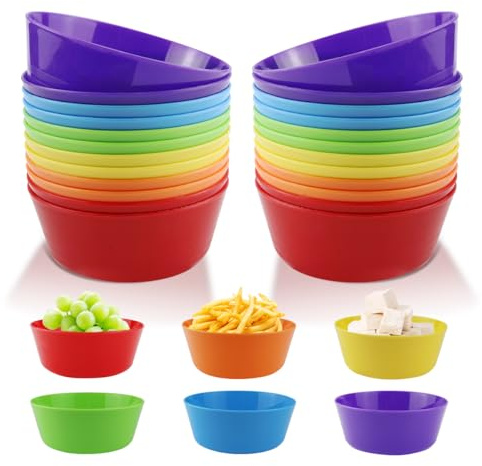 VLUVLA 24 PCS Reusable Plastic Bowls - Unbreakable Kids Tableware for Parties, Picnic, BPA Free - 6 Colors for Vegetables, Fruits, Salads, Snacks, Cereals, Soups
