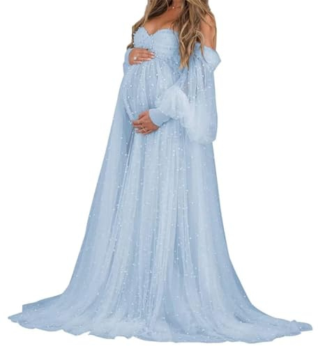 AHERKLL Långärmad pärla tyll rock moderskapsklänning för fotografering off-shoulder underkläder baby shower graviditetsklänning AH062, Himmelsblått, 52 stor