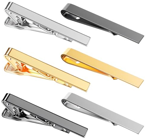WJIAAA 6 Pack Tie Clips for Men Long Styles Ties Bar Clip Set | Square Edges Tie Tack Pins Silver Gold Black Necktie Bar Necktie Wedding Business Clips