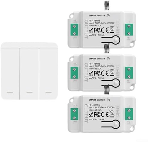 Wireless Light Switch with Receiver, 3-Gang Remote Control Light Switch & 3 RF Receivers Kit for Hallways, Garages, Outdoor Lighting
