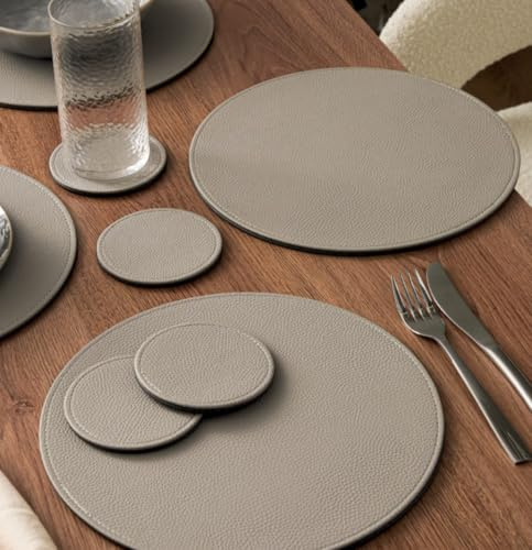 Round Placemat and Coasters Set, Faux Leather, Taupe, 8 Pack, Table Decor