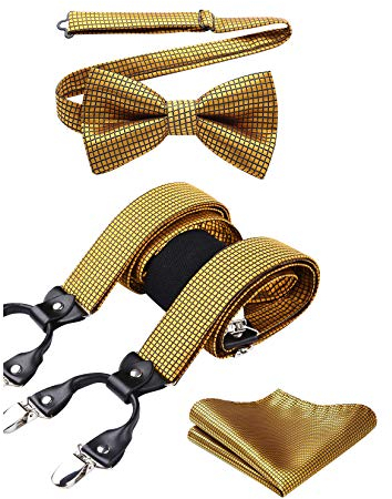HISDERN Gold Hosenträger und Fliege Set für Herren Einstecktuch Y Style hosenträger Plaid mit 6 Starken Clips Einstellbar für Anzug