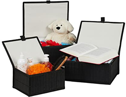 Relaxdays Aufbewahrungskorb 3er Set, Deckel & Stoffeinsatz, Bambuskorb, dekorative Aufbewahrungsbox, 3 Größen, schwarz, 15 x 33 x 25,5 cm