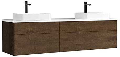 StoneArt Badmöbel Set Mineralguss Waschbecken Waschschale Aufsatzwaschbecken und Unterschrank Waschtisch Einzel- oder Doppelwaschbecken Venice VE-2000pro-5 Eiche dunkel 200cm