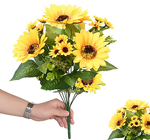YELYAN 2 Bunches Artificial Sunflower Bouquet, Fake Silk Sunflower Flowers, Realistic Plants for Wedding Party Anniversary Home Office Table Centerpiece Décor(short)