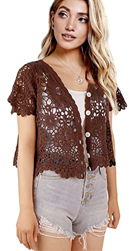 Women's Short Sleeve Bolero Shrugs Crochet Lace Open Cardigan, Brown-090, One Size