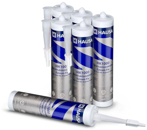 HAUSA Colle de construction HK1000 Extrem Fix Extrêmement forte et rapide Colle de montage professionnelle pour tout intérieur et extérieur Montage simple solide et rapide 6x 290ml Blanc