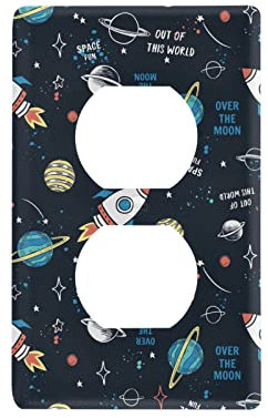 Space Doodle Cartoon Space Rockets, Planets, Stars, Moon, Slogans Duplex Outlets Print Toggle Wall Plate, Switch Plate Cover for Living Room Bedroom Bathroom Office and School