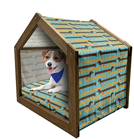 ABAKUHAUS Hunde Hundehütte aus Holz, Blauer Hintergrund Dackel Hunde, tragbare Hundehütte für drinnen und draußen mit Kissen und Abdeckung, 55 cm x 75 cm, Pale Blue Brown