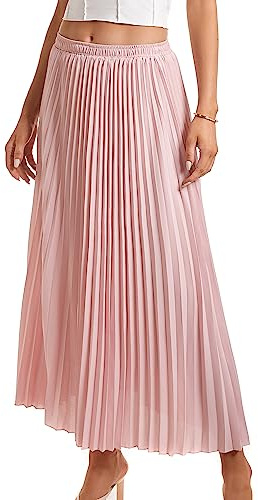 TEERFU Dam elastisk hög midja blommig veckad kjol chiffong swing A-linje strand maxikjol, Rosa, S