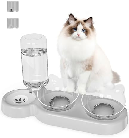 Katzen Futternapf Set,Birshe 3er Katzennapf Futternapf Katze Erhöht mit Automatischer Wasserflasche Katzennapf erhöht für Nass-Trockenfutter 15°Geneigte Fressnapf für Kleine (Dunkelgrau)