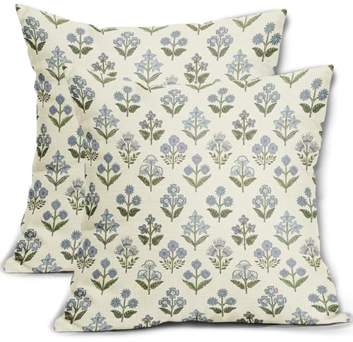 Sivirary Blue Green Block Print Pillow Covers 18x18 Inch Set of 2, Vintage Floral Spring Decorative Throw Pillow Cases Boho Cushion Covers Rustic Decoration Gift Farmhouse Sofa Couch Bed Decor