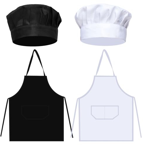 FUIPVGI 4 Pièces Tablier et Chapeau Chef réglable Chef Tablier de cuisine et toque avec 2 Poches, pour barbecue, traiteur, cuisine, Peinture L'artisanat, Garçons Filles (Blanc, Noir)