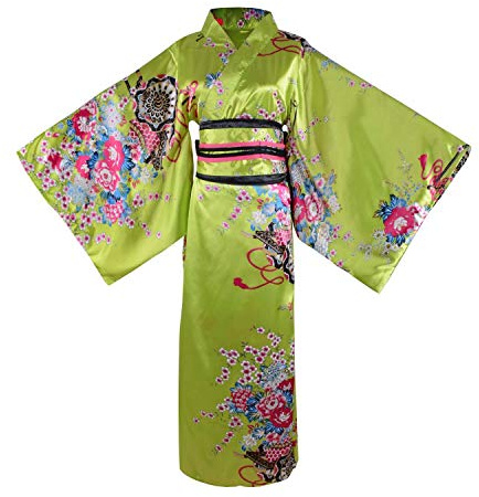 Disfraz de geisha japonés para adulto de LWODANU Yukata con patrón floral, bata de satén con flor, ropa de dormir con cinturón Obi (30-largo Verde Limón, L)