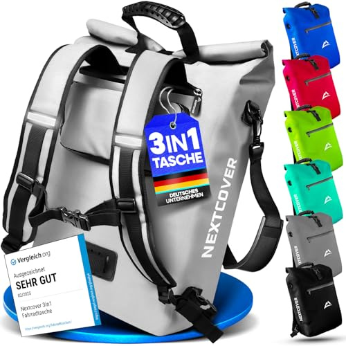 Nextcover® NEU 3in1 Fahrradtasche für Gepäckträger [PVC frei] - Gepäckträgertasche, Fahrradtasche Rucksack und Umhängetasche 25L I Fahrrad Tasche wasserdicht, Fahrradtaschen Gepäckträger