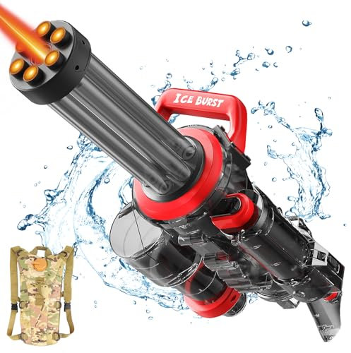 Gatling Wasserpistole Elektrisch,Elektrische Wasserpistole für Erwachsene und Kinder,Die stärkste Wasserpistole mit Rucksack, rotierender Düse und Mündungsfeuer,2 Batterien(Schwarz)