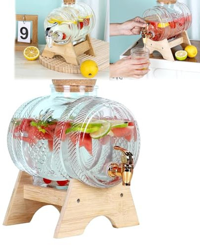 Getränkespender aus Glas, Fassförmiger Getränkespender 1 L mit Ständer, Whisky Karaffe für Alkohol mit Zapfhahn, Kaltgetränkekesselbehälter für Kühlschrank Eistee Limonade Bar Party