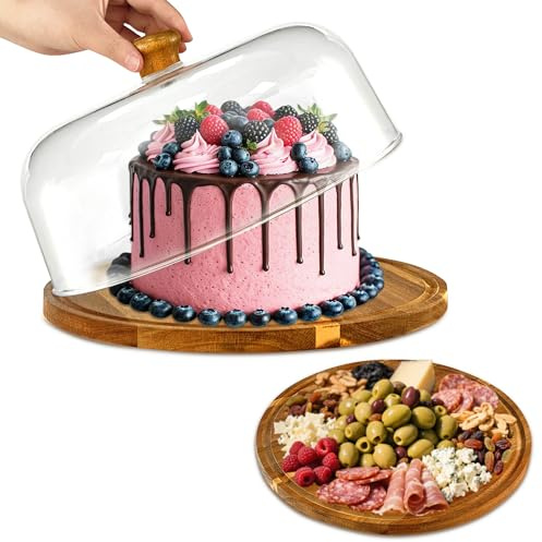 Mozphae Wood-Cake-Stand With Acrylic Dome Lid, Round Wooden Cake Holder Plate With Cover, 2-in-1 Dessert Table Display Set For Party, Charcuterie Board For Cheese, Chips & Dips, Nachos, Fruit Platter