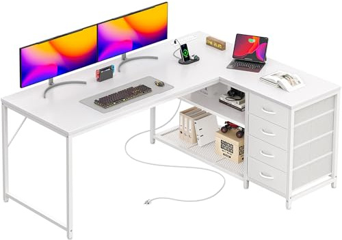 PRAISUN 53 L Shaped Desk with Power Outlets and USB-C Port, Reversible Computer Corner Office Desk with 4 Fabric Drawers and 2 Height-Adjustable Shelves, Large for Gaming Writing Work Study, White