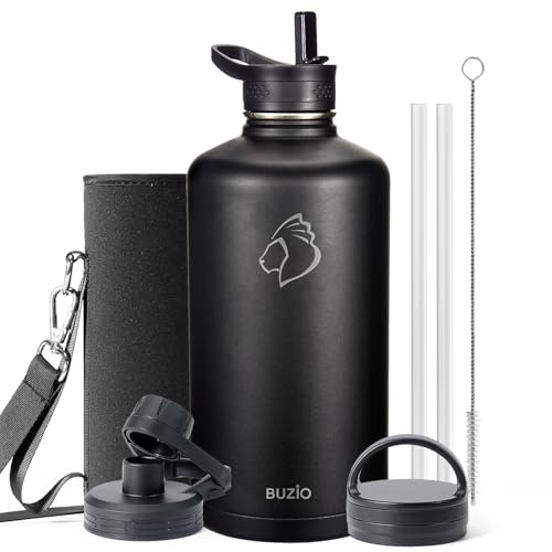 BUZIO 1 Gallon Water Bottle Insulated with Straw & 3 Lids, Cold for 48 Hrs