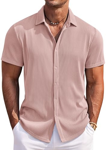 COOFANDY Chemise Homme Manches Courtes Décontractée sans Repassage Chemise Été Plage Boutonnée Rose 3XL