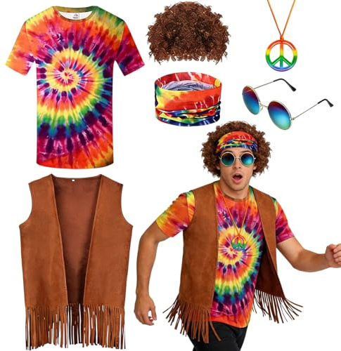 Hippie kostym för män, 60-, 70-, 80-tal, hippiedräkt, ärmlös brun väst + peruk + glasögon + halsband + pannband, perfekt för retrofest, karneval, halloween (XXL)