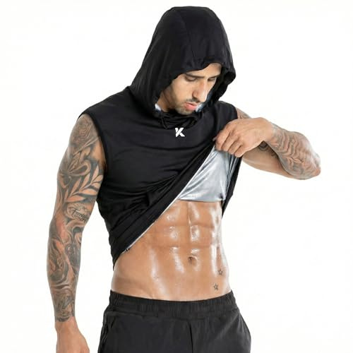 Kewlioo Hooded Sauna Shirt for Men, Heat Trapping Pullover Sweat Vest, Men’s Sauna Suit Tank Top Hoodies for Exercise, Cardio, Black, M
